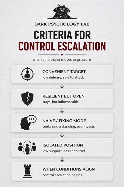 Infographic showing criteria narcissists use to escalate control including convenient target, resilient but open, naive fixing behavior, and isolation