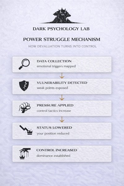 Infographic showing narcissistic devaluation power struggle mechanism including data collection, vulnerability detection, pressure, status lowering, and control increase