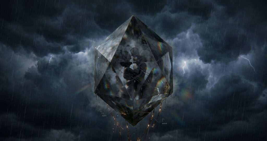 A person trapped inside a dark crystal structure during a storm, symbolizing psychological control and narcissistic devaluation