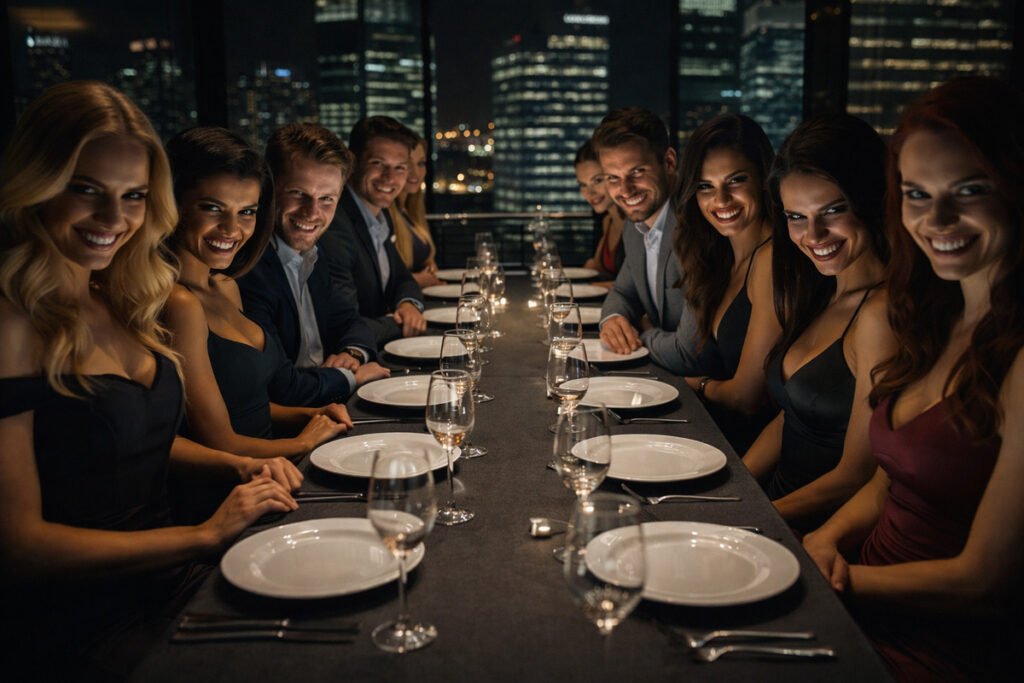 Narcissistic collapse phase visualized as a feast, attractive individuals with eerie smiles sitting at a long table with empty plates, representing emotional consumption and narcissistic supply