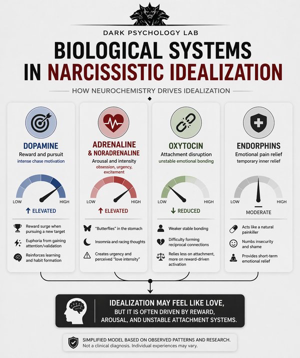 Biological systems behind narcissistic idealization showing dopamine increase, adrenaline activation, reduced oxytocin, and normal endorphin levels