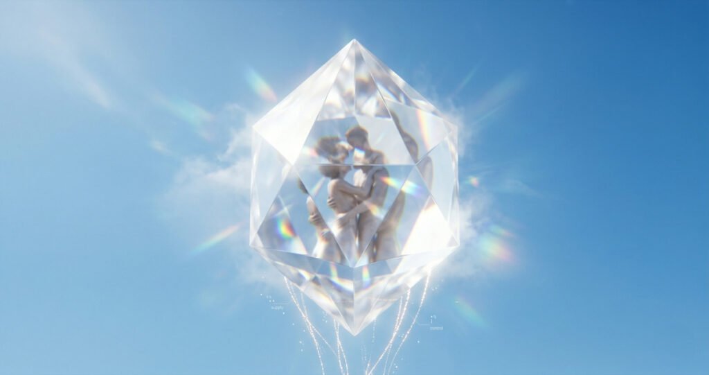 Smiling people reflected inside a crystal-like structure, symbolizing narcissistic idealization, projection, and distorted emotional bonding