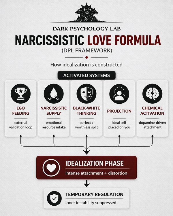 Narcissistic love formula infographic showing ego feeding, narcissistic supply, black-and-white thinking, projection, and chemical activation leading to idealization phase