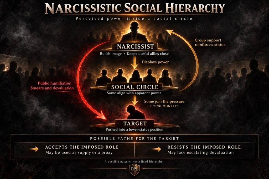 Diagram showing how public humiliation and group reinforcement can lower a target’s perceived status within a narcissistic social circle.
