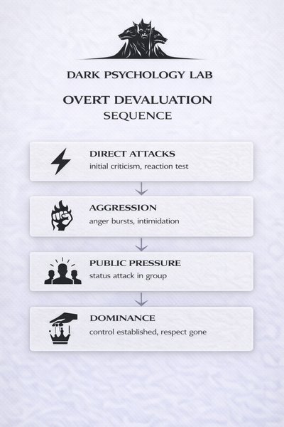Infographic showing overt narcissist devaluation sequence including direct attacks, aggression, public pressure, and dominance