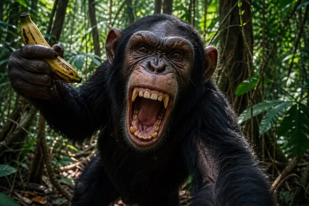 Aggressive chimpanzee displaying dominance behavior in the wild, symbolizing primitive survival responses and dehumanization mechanisms