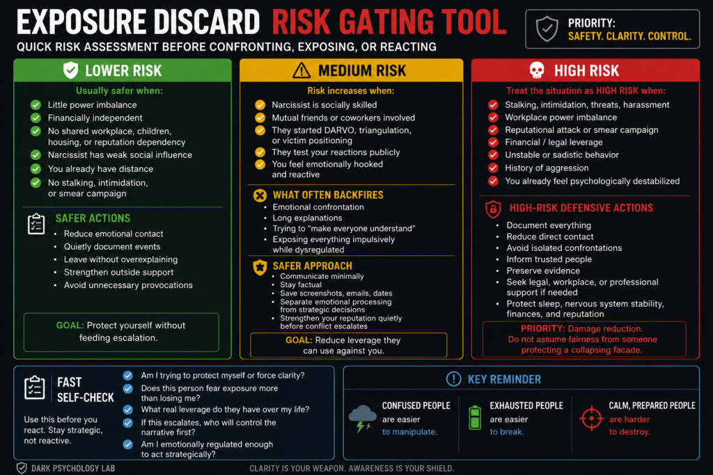 Exposure Discard Risk Gating Tool infographic showing lower, medium, and high-risk warning signs with self-check questions and defensive actions for safer decision-making.