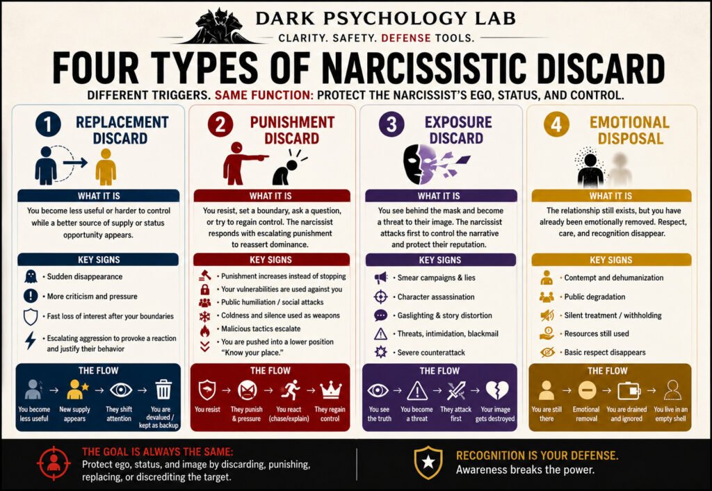 Infographic showing four types of narcissistic discard: replacement discard, punishment discard, exposure discard, and emotional disposal, with key signs and flow patterns