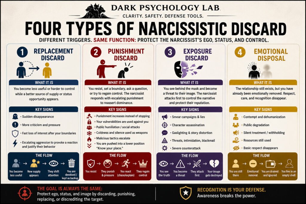 Infographic showing four types of narcissistic discard: replacement discard, punishment discard, exposure discard, and emotional disposal, with key signs and flow patterns
