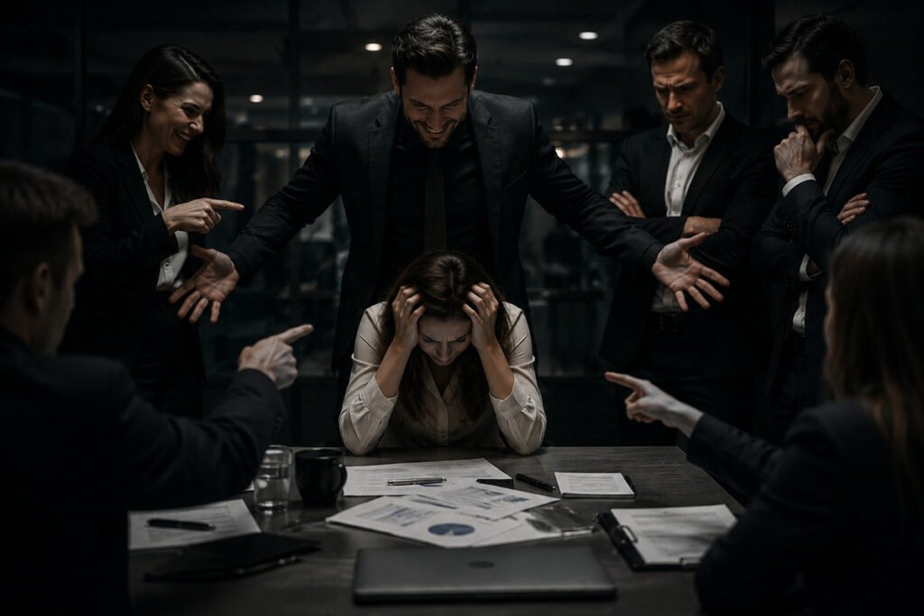 A distressed woman surrounded by hostile coworkers in a dark boardroom, symbolizing malignant narcissistic discard, coordinated pressure, public humiliation, and psychological destabilization.