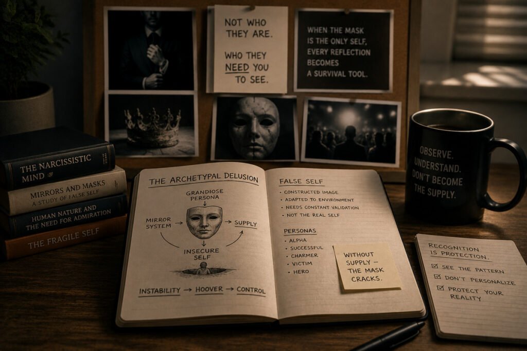 Research desk showing the Narcissist Archetypal Delusion Model, false self, supply, mask, and why some narcissists hoover while others disappear.