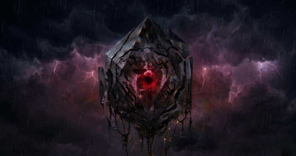 Narcissist discard phase visualized as a cracked structure with a glowing core during a storm, symbolizing psychological collapse and emotional cruelty
