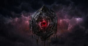 Narcissist discard phase visualized as a cracked structure with a glowing core during a storm, symbolizing psychological collapse and emotional cruelty