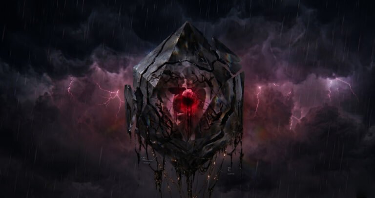Narcissist discard phase visualized as a cracked structure with a glowing core during a storm, symbolizing psychological collapse and emotional cruelty