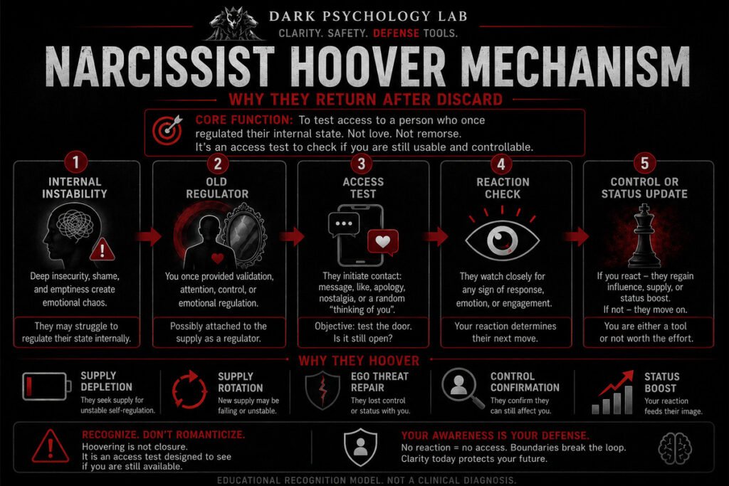 Narcissist hoover mechanism infographic showing how internal instability, old supply, access tests, reactions, and control updates drive hoovering.