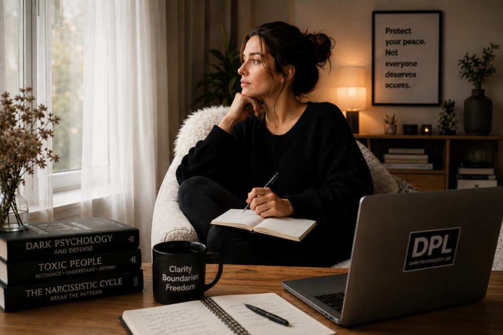 Woman journaling in a calm room as a visual symbol of narcissist hoovering defense tools, emotional pause, clarity, and self-protection.