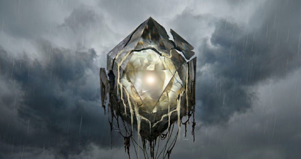 Cracked glowing crystal floating in a storm, symbolizing narcissist hoovering after the narcissistic abuse cycle damages and destabilizes the relationship.