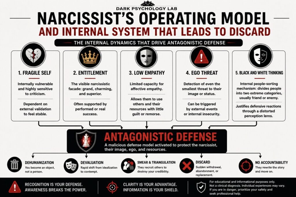 Narcissist operating model infographic showing fragile self, entitlement, low empathy, ego threat, black-and-white thinking, and antagonistic defense leading to discard