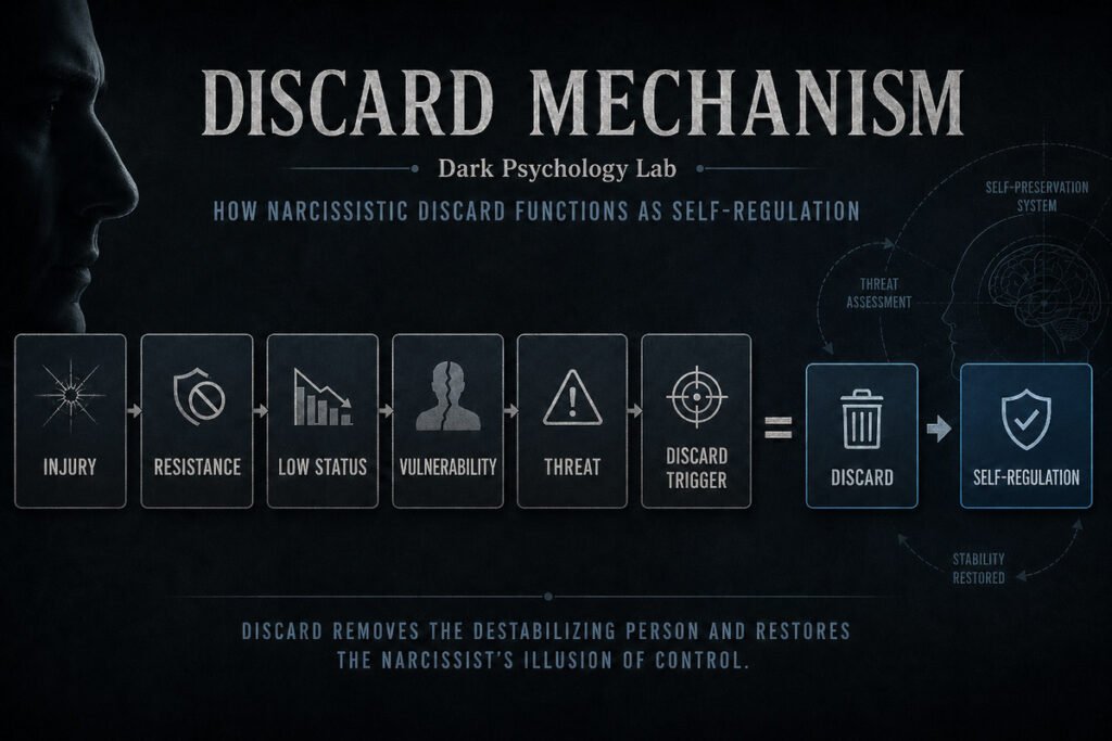 Narcissistic discard mechanism flow showing injury, resistance, vulnerability, threat leading to discard and self regulation