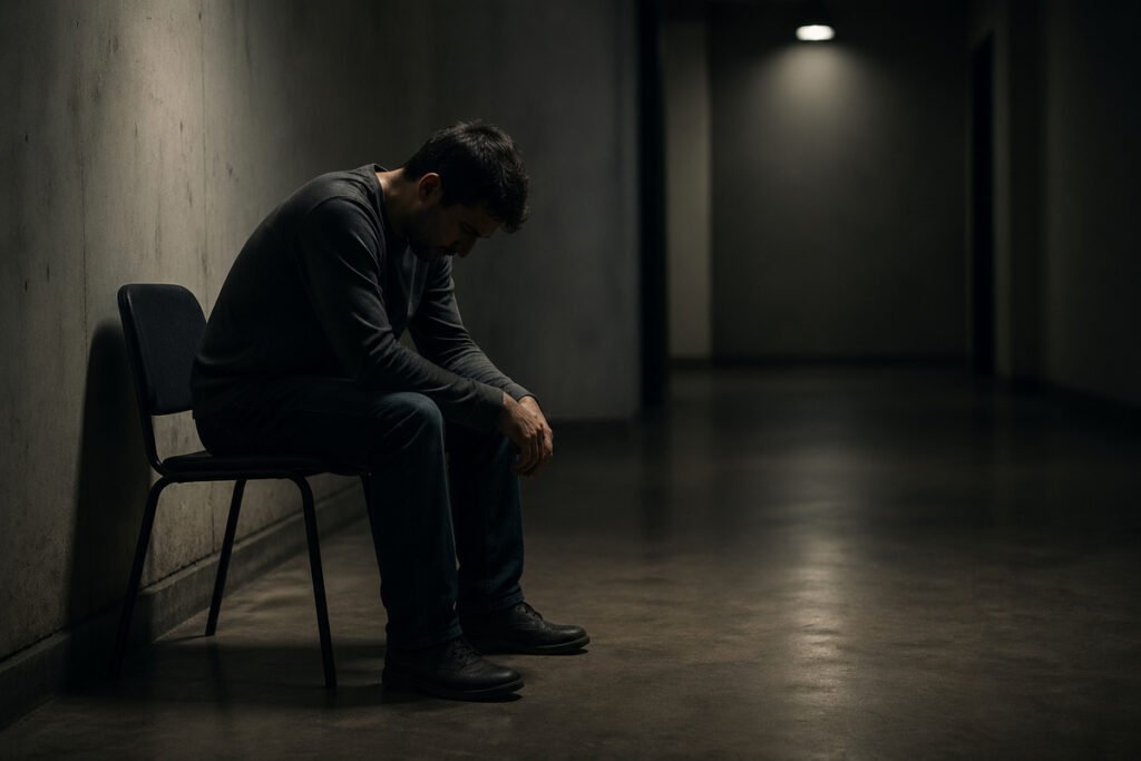Man sitting alone in a dark hallway showing emotional collapse after narcissistic discard and psychological trauma