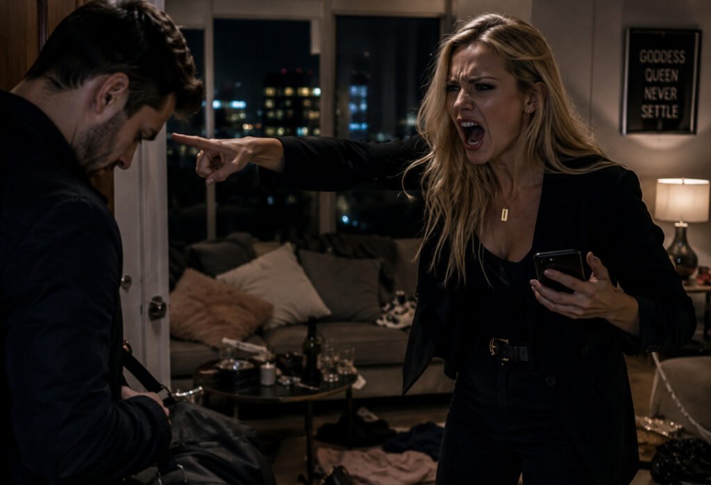 Angry blonde woman shouting at a defeated man during exposure discard, symbolizing panic, aggression, narrative control, and narcissistic counterattack.