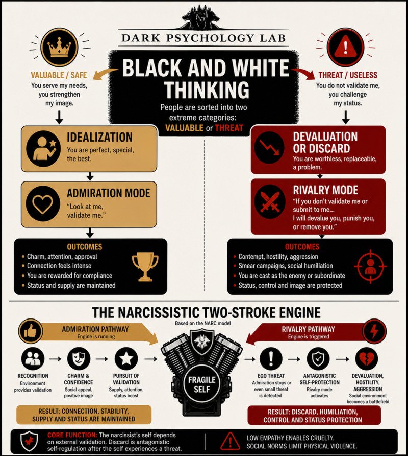 Infographic explaining how black-and-white thinking can shift narcissistic behavior from idealization and admiration mode into rivalry mode, devaluation, discard, and antagonistic self-protection