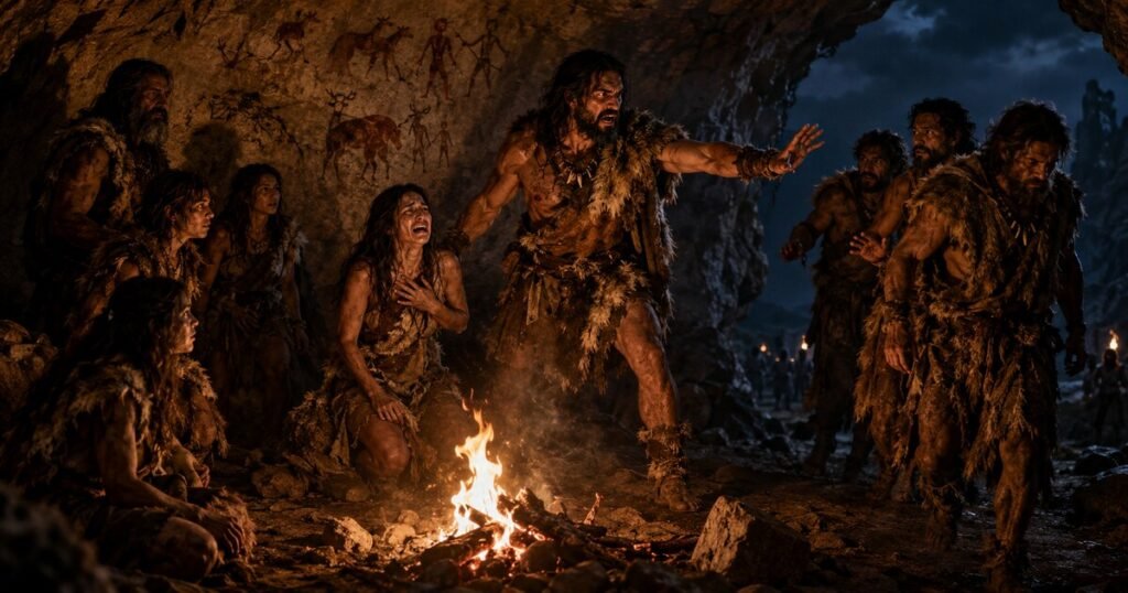 Stone Age group gathered by a fire while one dominant figure confronts another, symbolizing hierarchy, group pressure, and social survival strategy.