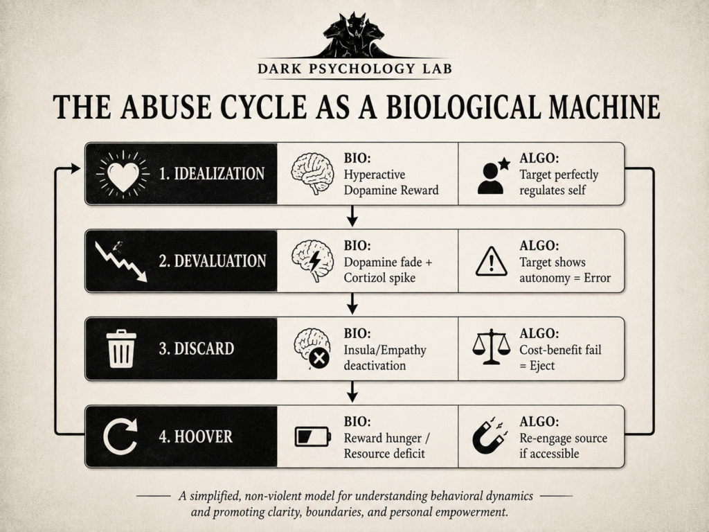 Infographic explaining the narcissistic abuse cycle as a biological machine, showing idealization, devaluation, discard, and hoover with biology and algorithm logic.