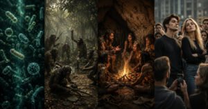 Evolution from microbes to early humans, Stone Age group conflict, and modern entitlement as a social survival strategy.