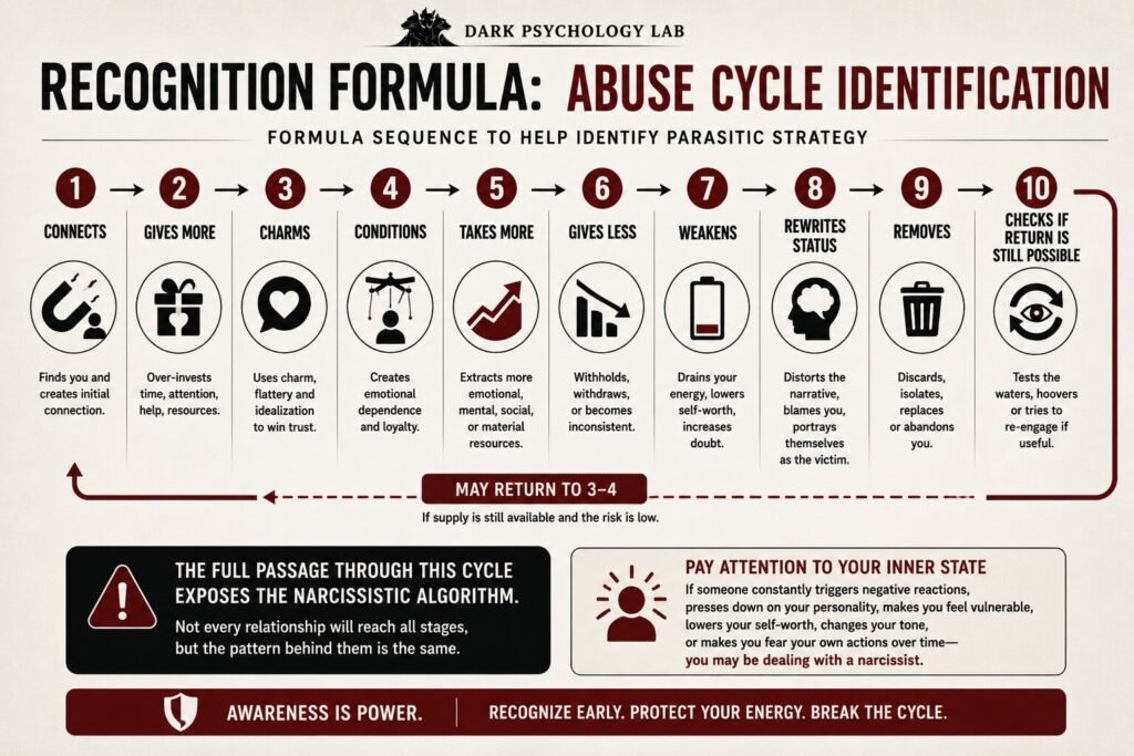 Infographic showing a narcissistic abuse cycle recognition formula from connection and charm to extraction, weakening, discard, and possible hoover.