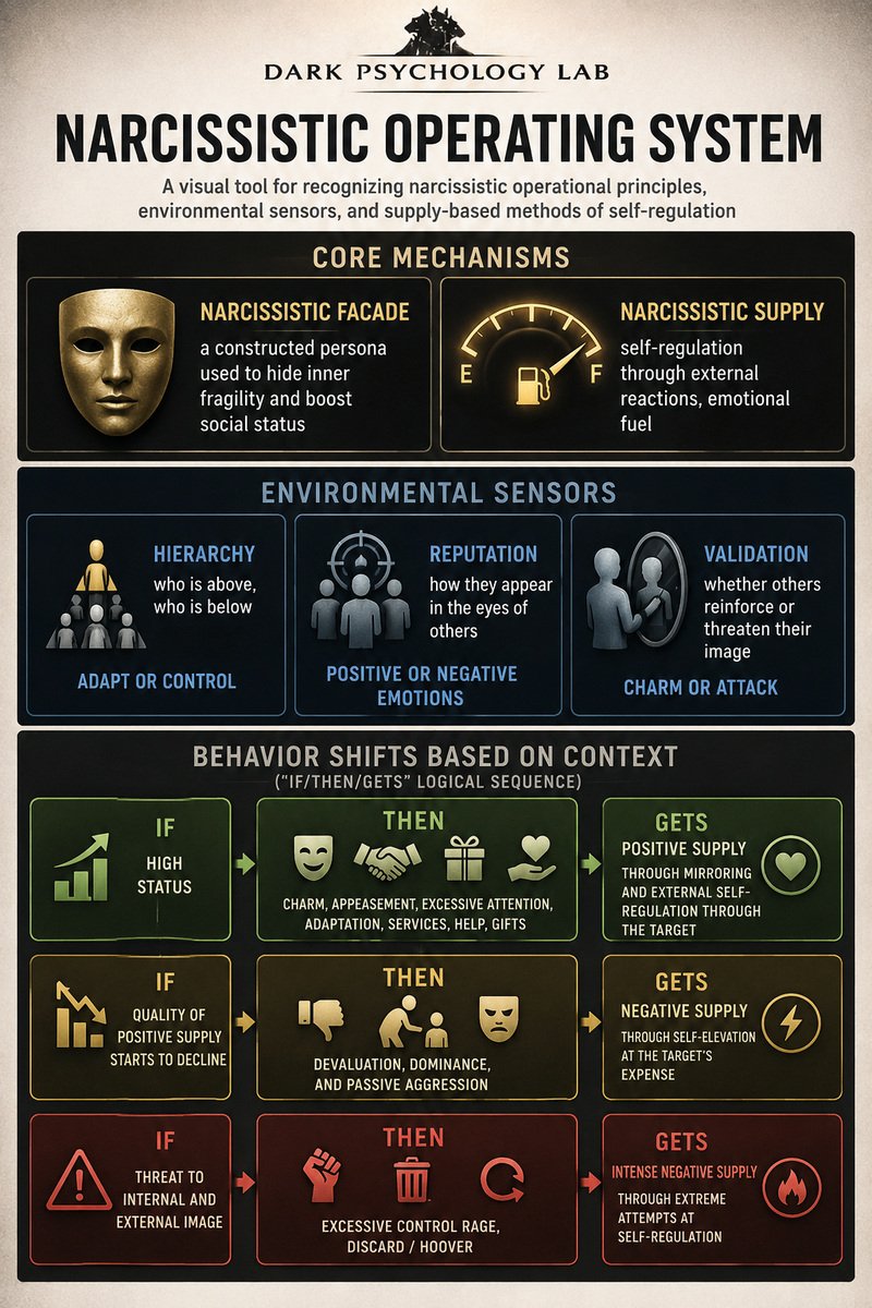 Infographic explaining the narcissistic operating system: facade, supply, environmental sensors, and behavior shifts.