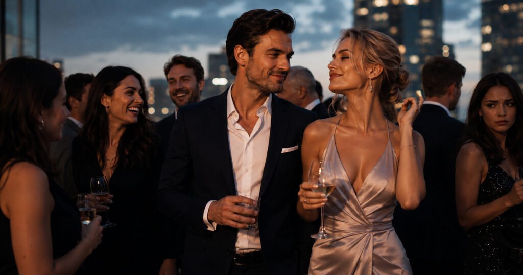 Elegant social gathering where a charming couple draws attention while another woman looks isolated, symbolizing facade, status, and target selection in narcissistic behavior.