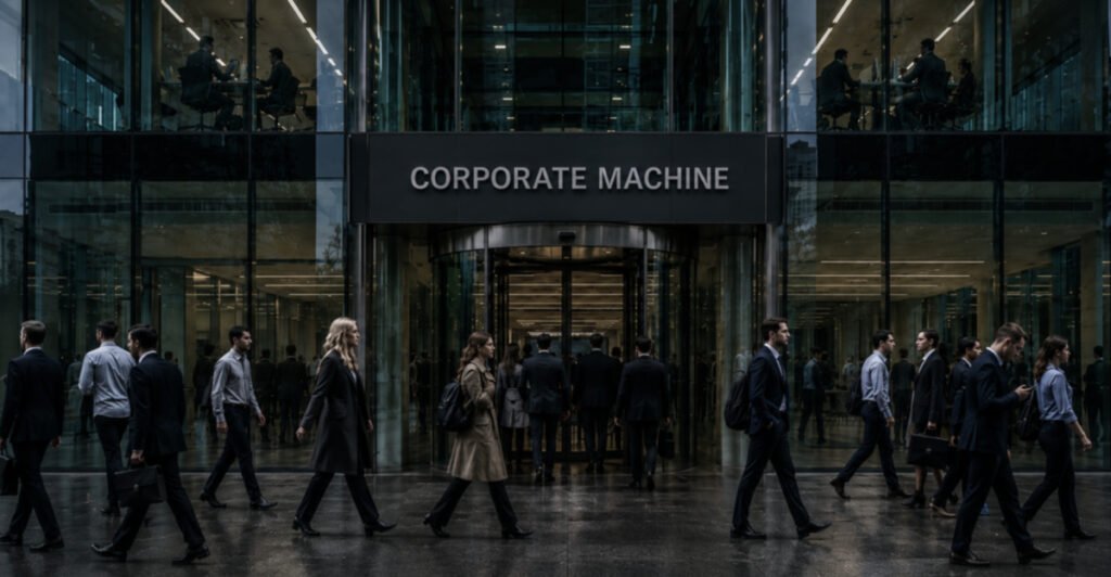 Modern corporate office building with people entering on one side and tired employees leaving on the other, symbolizing employee turnover and workplace pressure.