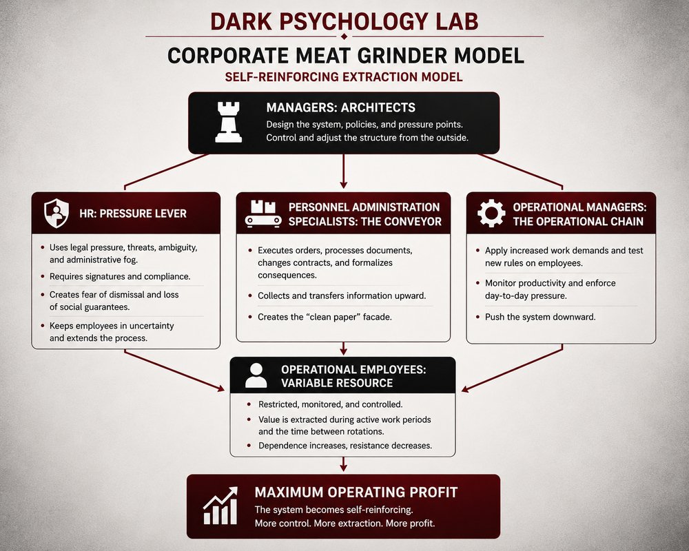 Infographic showing the Corporate Meat Grinder Model, where managers, HR, personnel administration, and operational managers apply pressure toward operational employees to create a self-reinforcing extraction system.