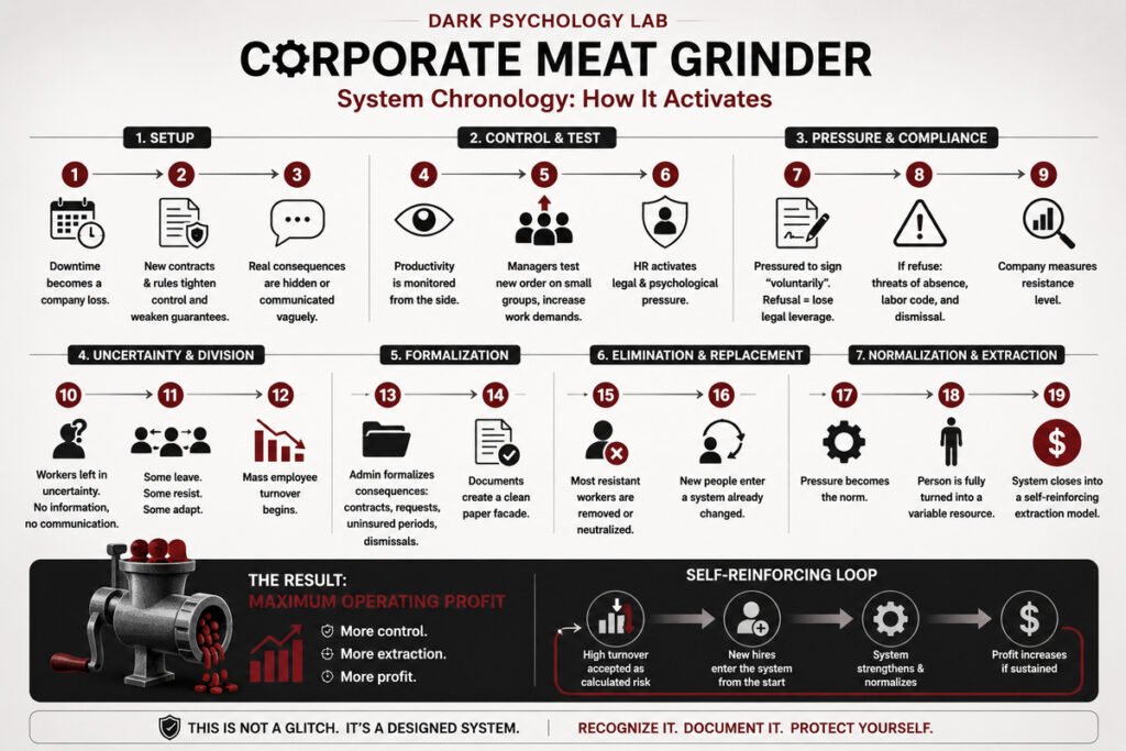 Infographic showing the chronology of how the Corporate Meat Grinder activates, from treating downtime as company loss to contracts, pressure, turnover, replacement, normalization, and a self-reinforcing extraction model.
