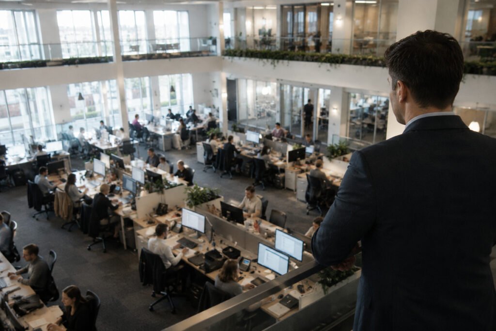 Manager observing a large open-plan corporate office where employees work at computers under organizational supervision.