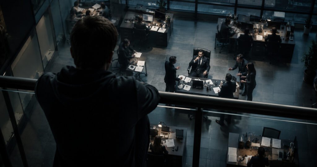 A man observes a senior manager and surrounding employees from an upper floor, representing strategic distance from workplace manipulation.