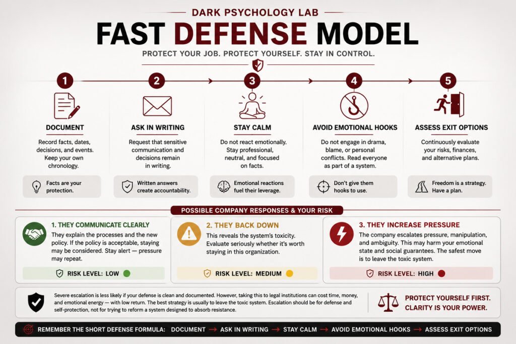 Infographic showing the Fast Defense Model: document facts, ask in writing, stay calm, avoid emotional hooks, and assess exit options when facing workplace pressure.