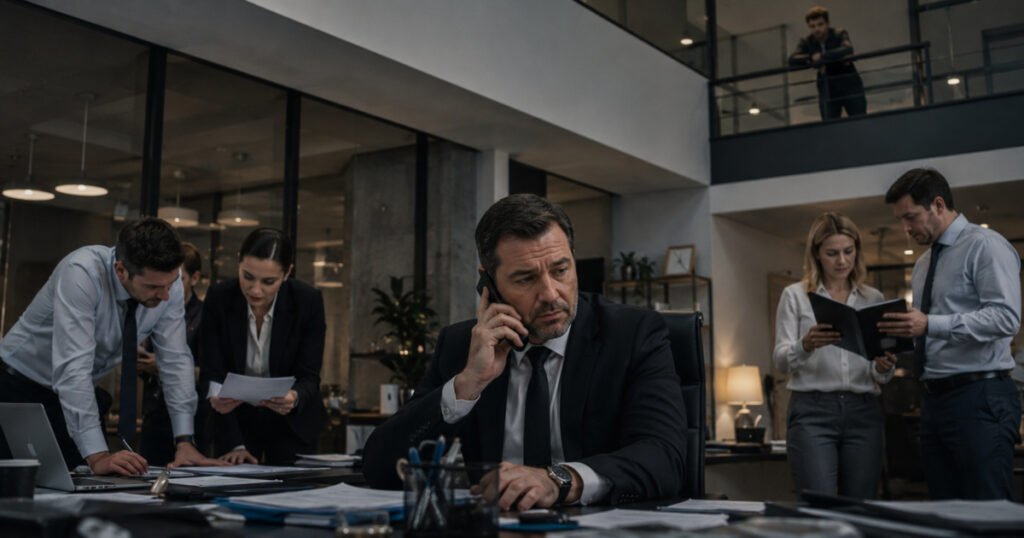 Senior manager speaking on the phone while employees work around him and a young man observes from an upper floor.