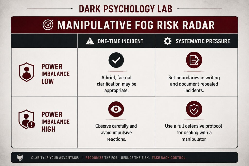 Manipulative Fog Risk Radar showing defensive actions based on power imbalance and systematic pressure.