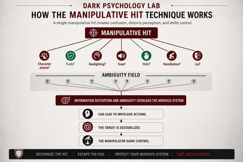 Diagram showing how a manipulative hit combines truth, gaslighting, tone, humiliation, lies, and false help to create ambiguity, destabilize the target, and increase control.
