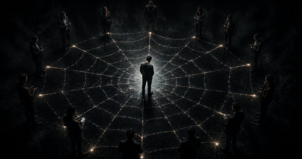 A man stands at the center of a dark spiderweb while surrounding people monitor signals across the network.