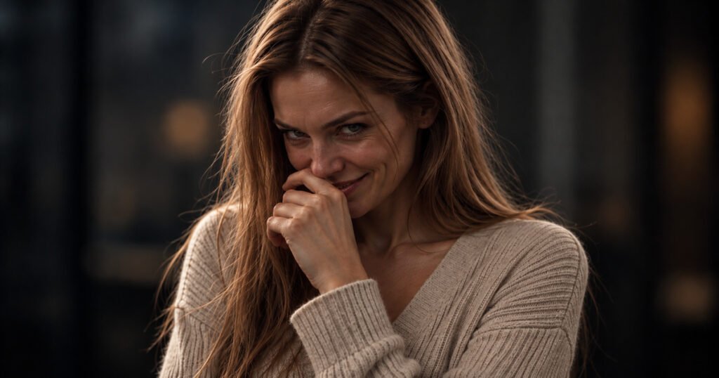 An attractive woman with a subtle, mischievous smile, illustrating the charm and deceptive facade associated with covert narcissistic manipulation.