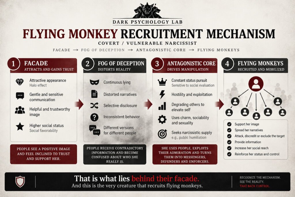 DPL infographic illustrating four stages of covert narcissist flying monkey recruitment: facade, fog of deception, antagonistic core, and mobilization of supporters.