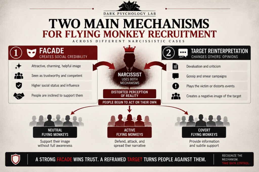 Infographic showing two main flying monkey recruitment mechanisms: the narcissist's facade creates social credibility, while target reinterpretation changes public perception and recruits supporters.