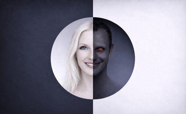 Split circular portrait of a smiling blonde woman and a shadowed man with a red eye against contrasting light and dark backgrounds.