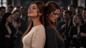 Two women with contrasting expressions stand back to back, surrounded by a social group, symbolizing narcissistic facades and flying monkey dynamics.