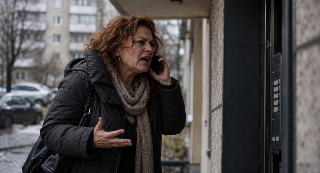 An angry woman talks on her phone outside an apartment building, illustrating narcissistic hoovering and flying monkey recruitment after a breakup.