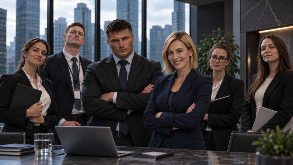 Six corporate professionals stand together in a modern boardroom, illustrating workplace power hierarchies and narcissistic flying monkey networks.
