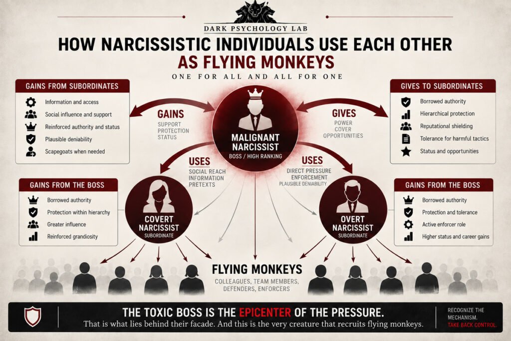 Infographic illustrating the reciprocal proxy coalition model, showing how narcissistic bosses and subordinates exchange power, protection, and influence through flying monkeys.